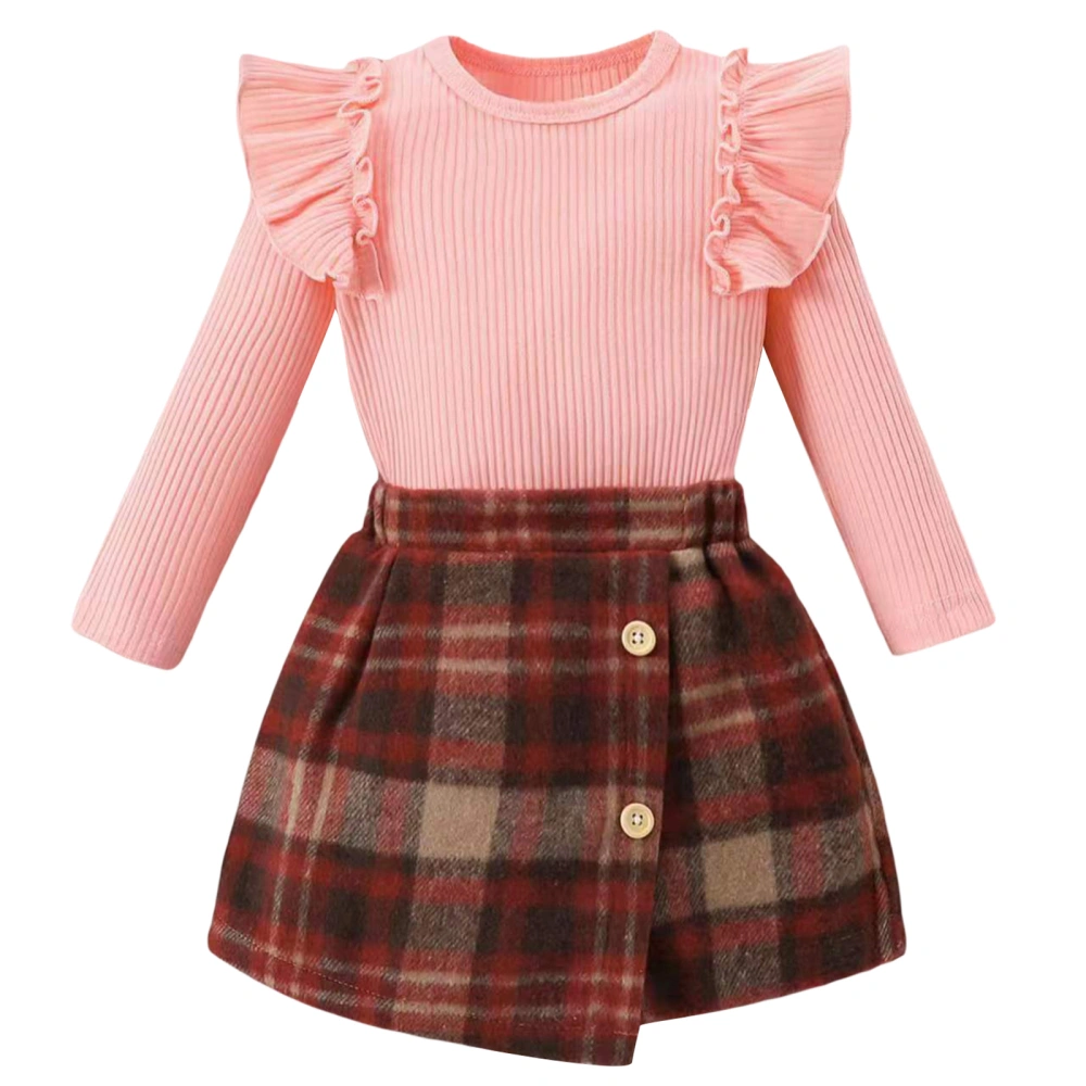 Toddler Girls 2PCS Skirt Sets Long Sleeve Ruffle Ribbed Tops Button Plaid Skirt Sets