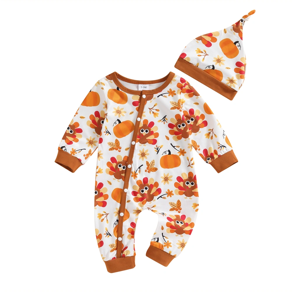 Baby Girls Crewneck Thanksgiving Romper Long Sleeve Turkey Pumpkin Print Oblique Button Jumpsuit with Hat