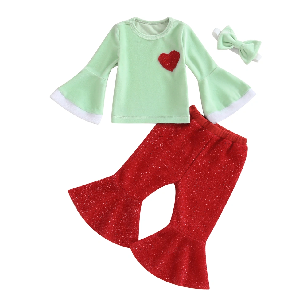 Girls Christmas 3PCS Pants Sets Long Sleeve Heart Print Tops Solid Color Flared Pants Headband Sets