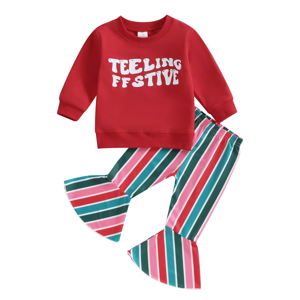 Toddler Girls Fall Outfits Letter Print Crew Neck Sweatshirts Stripe/Plaid/Santa Print Flare Pants 2Pcs Christmas Clothes Set