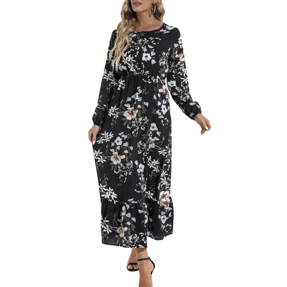 Women Spring Casual Long Dress Floral Print Crew Neck Long Sleeve A-line Dress Fashion High Waist Holiday Dress