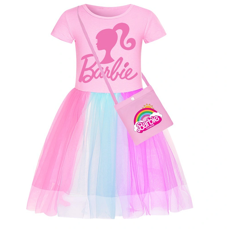 Kids Girls Princess Dresses Letter Print Mesh Tulle Short Sleeve Party Dress and Crossbody Bag Set Summer Cute Clothes