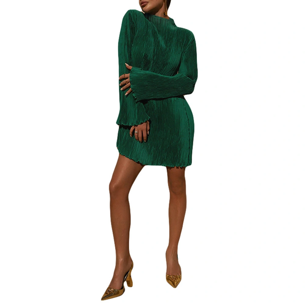 Women Mini Dress, Elegant Long Sleeve Crew Neck Pleated Solid Cocktail Dress Fall Dress