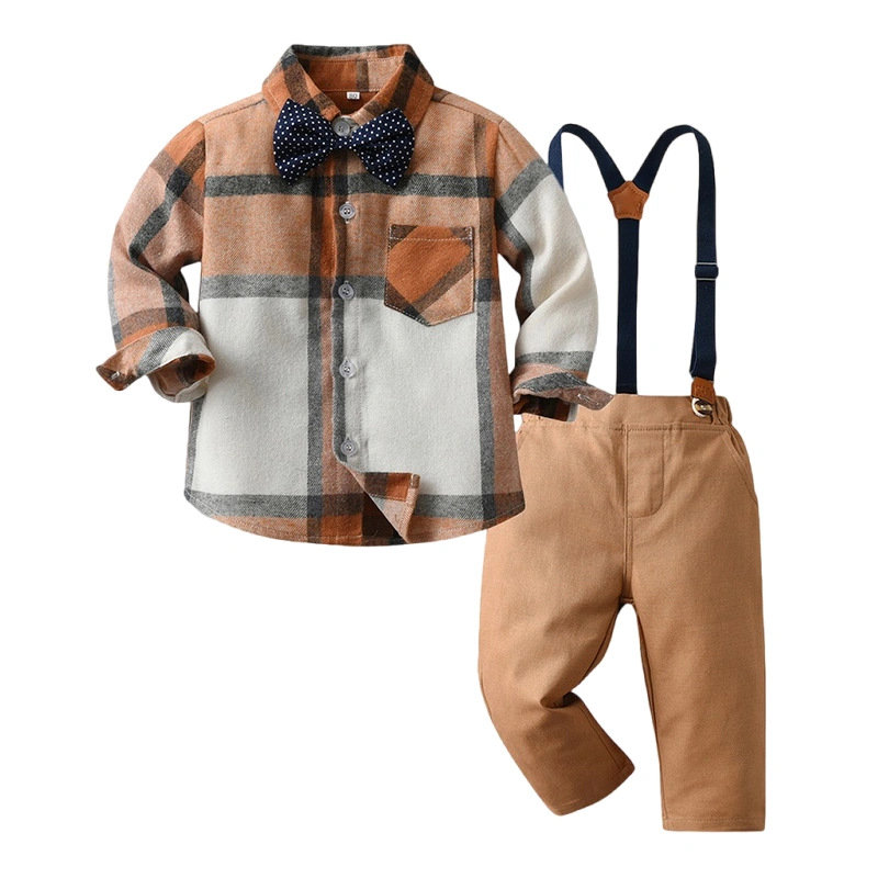 Toddler Boys Gentleman Outfits Plaid Bowtie Turn-Down Collar Long Sleeve Shirts and Suspender Pants 2Pcs Fall Clothes Set