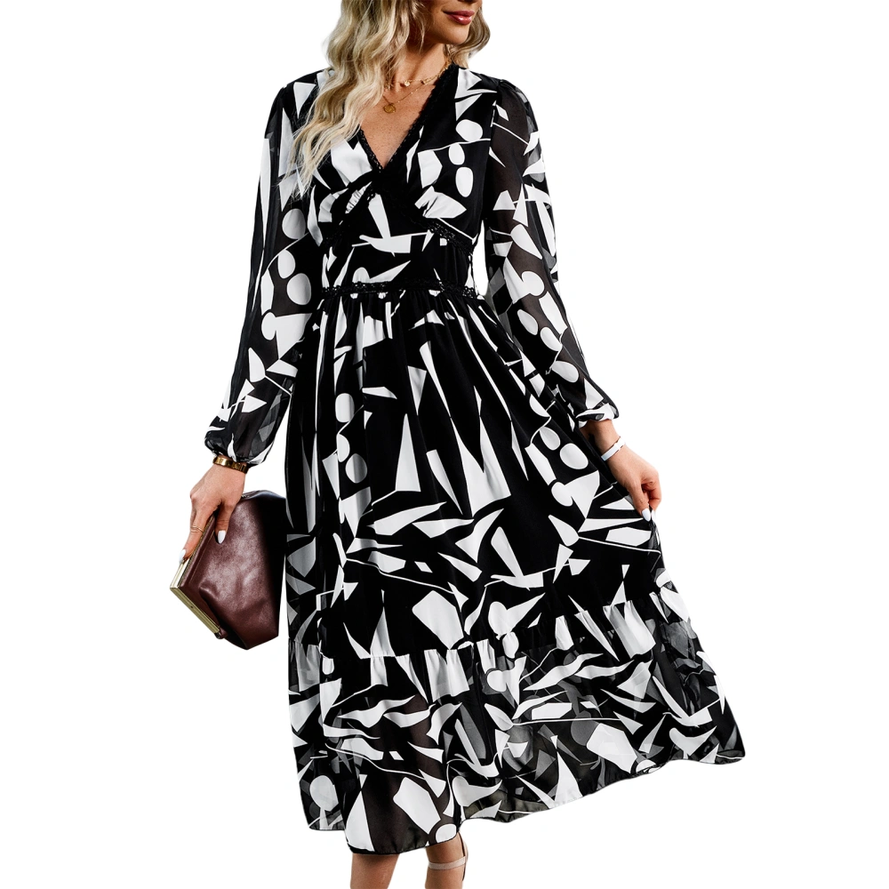 Women's Autumn Long A-line Dress Long Sleeve V Neck Pattern Print Lace Trim Beach Dress