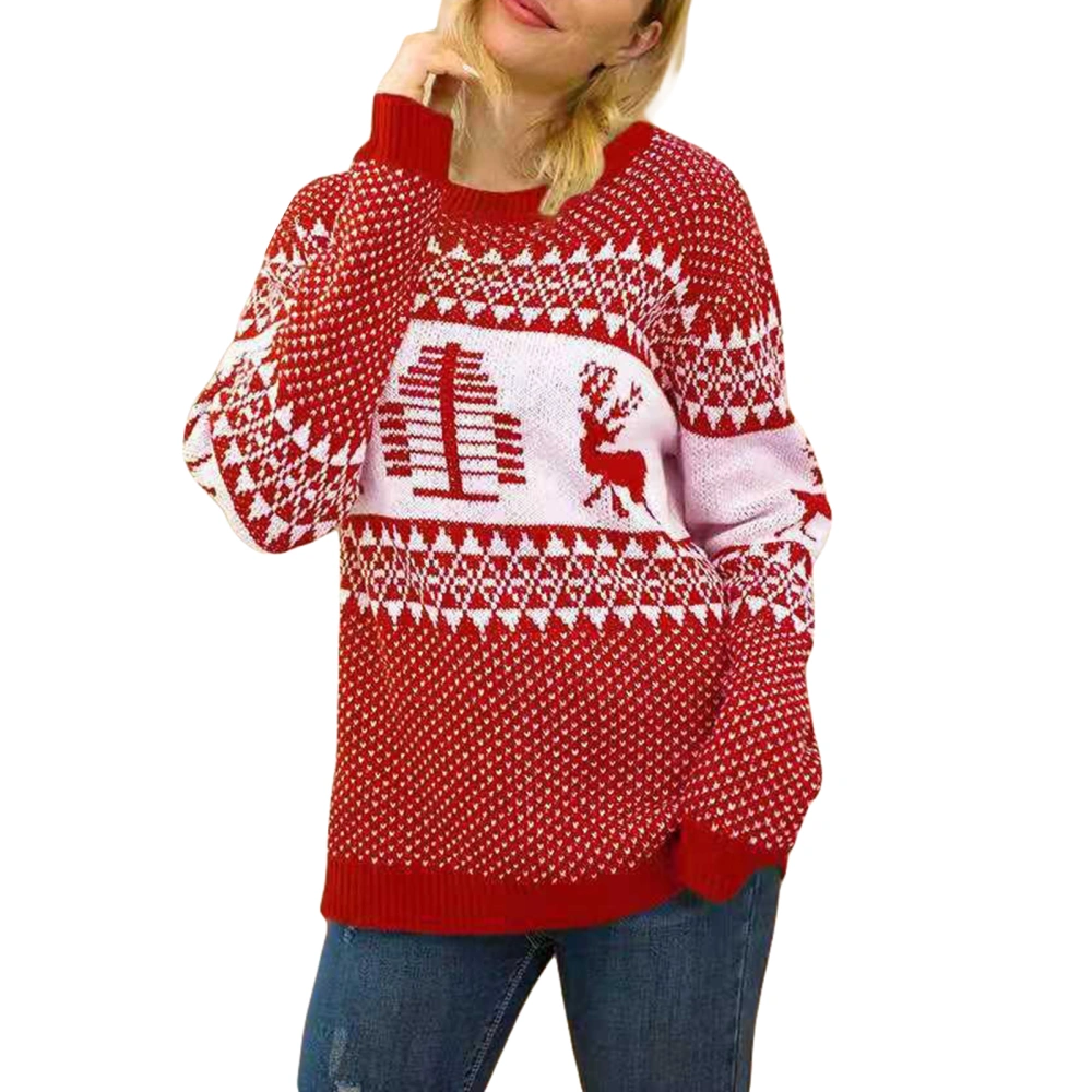 Women's Christmas Sweaters Long Sleeve Round Neck Reindeer Geometric Print Pullover Casual Knit Tops