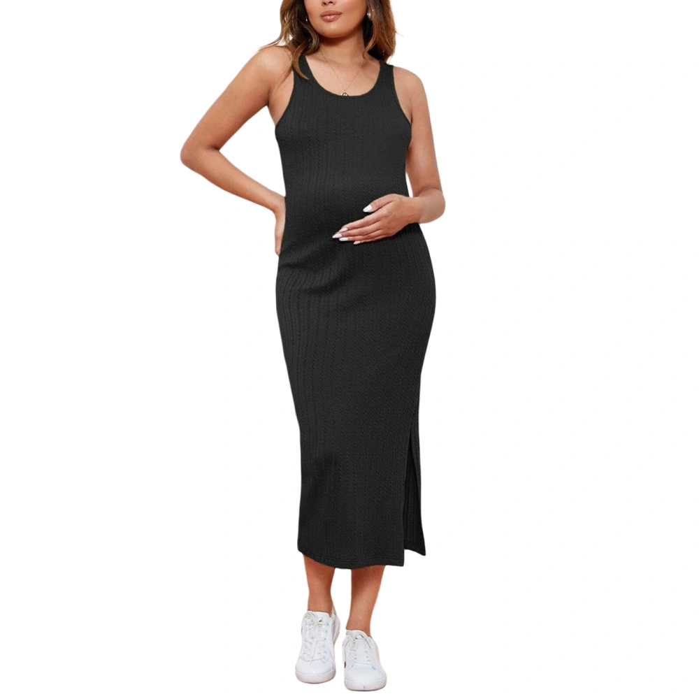 Pregnant Woman Dress Solid Color Sleeveless Knit Dress Crew Neck Slim Midi Tank Dress Summer Casual Maternity Dress