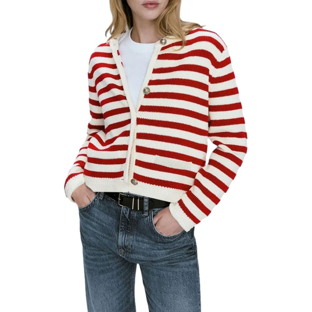 Women Knitted Cardigan Casual Elegant Stripe Print Button up Jacket for Fall Clothes Outwear Streetwear