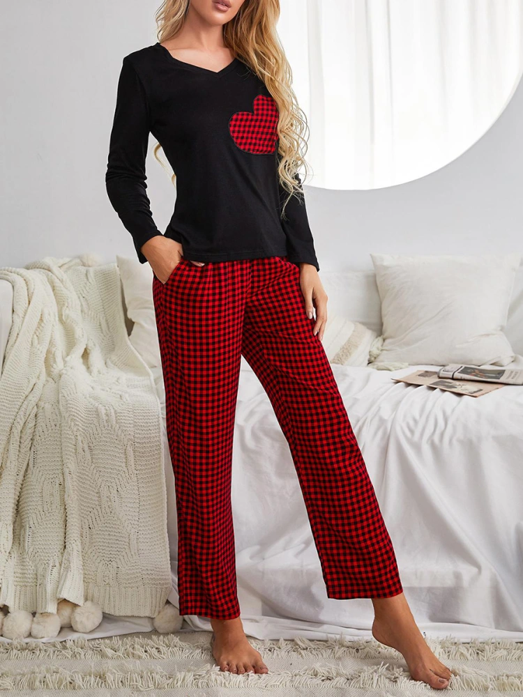 Women's Long Sleeve Heart Print Tops Plaid Pants Sleepwear Sets