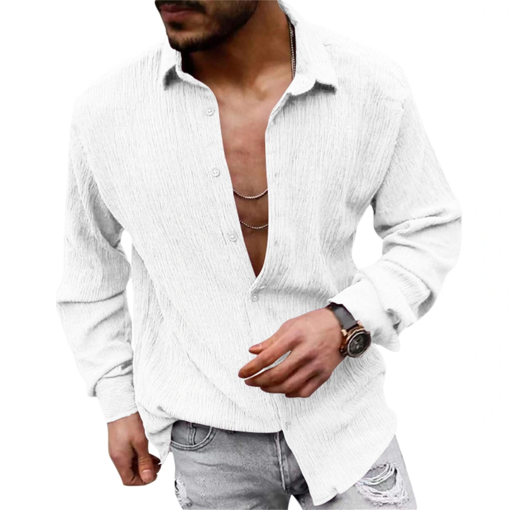 Men Button Down Linen Shirts Casual Long Sleeve Lapel Collar Solid Color Tops Beach Shirts