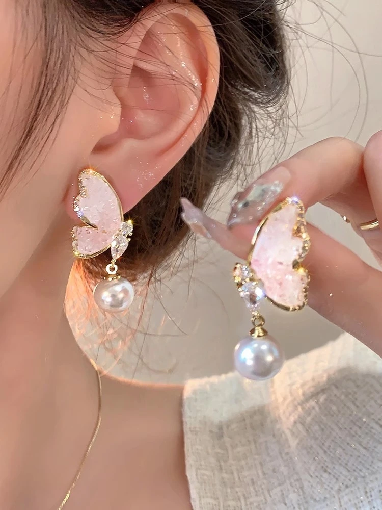 Premium crystal butterfly pearl earrings