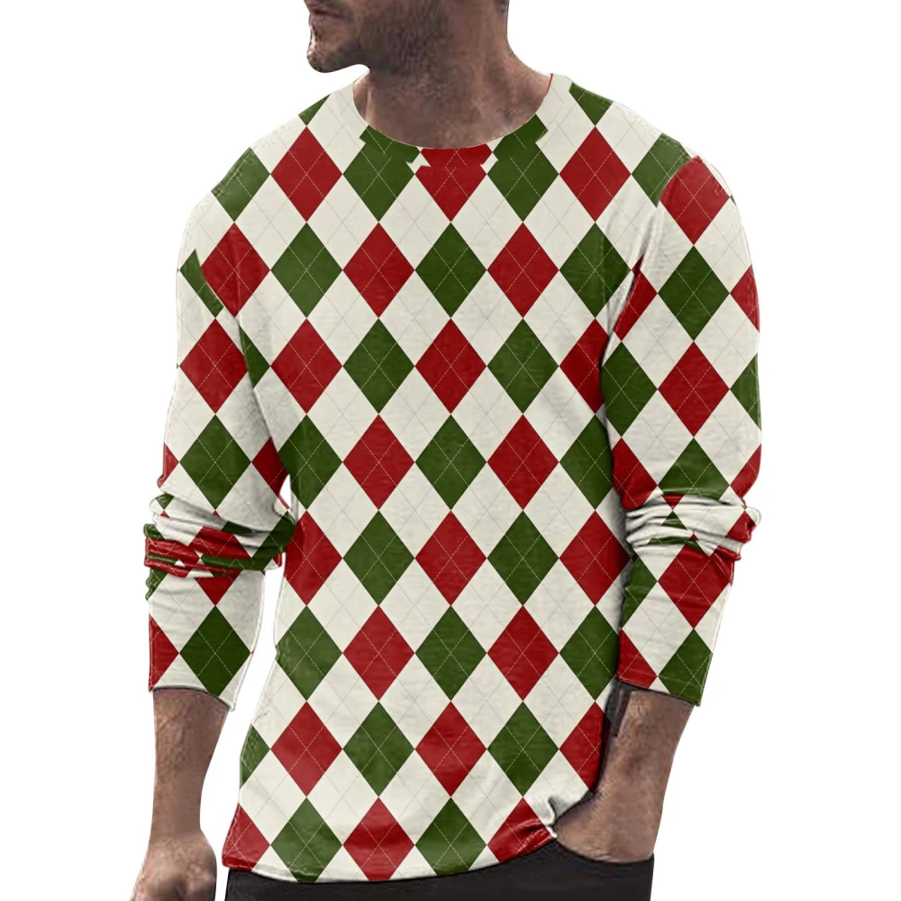 Men Christmas T-shirt, Long Sleeve T-shirt Crew Neck Plaid Deer Santa Claus Print Streetwear