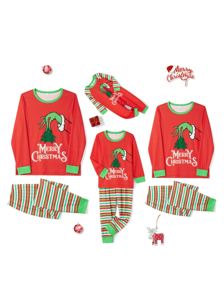 Christmas Family Pajamas Matching Set Cartoon Print Long Sleeve Tops and Plaid Pants Sleepwear