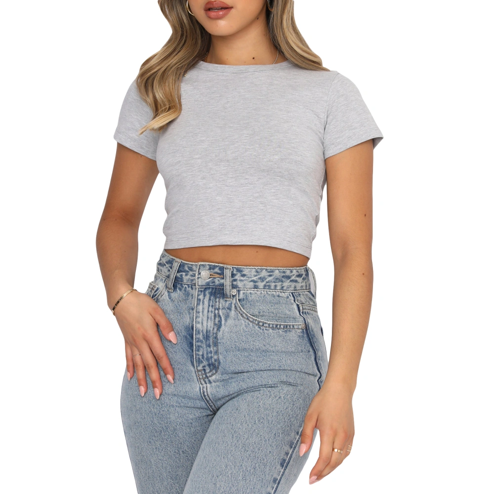 Women's Basic Crop Tops, Summer Short Sleeve High Scoop Neck Solid Color Tee Shirts