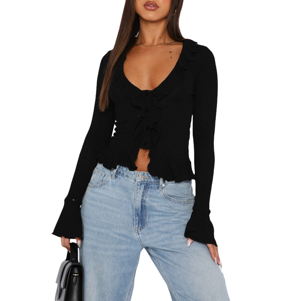 Women Long Sleeve Crop Tops Button Front Ruffle Cardigan Fitted Shirt