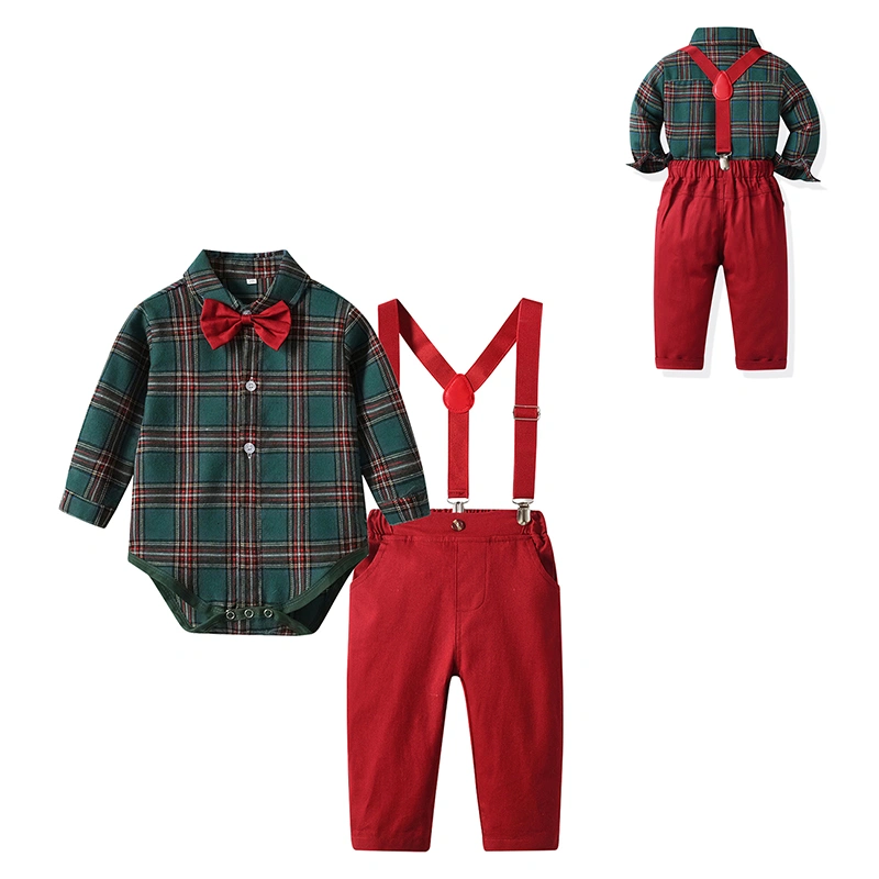 Toddler Boy 2 Piece Suit Plaid Long Sleeve Romper with Bow Tie and Overalls for Fall Formal Outfit