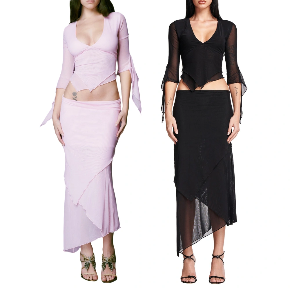 Women's Solid Color Low Cut Crop Tops Long Bodycon Skirt Set 