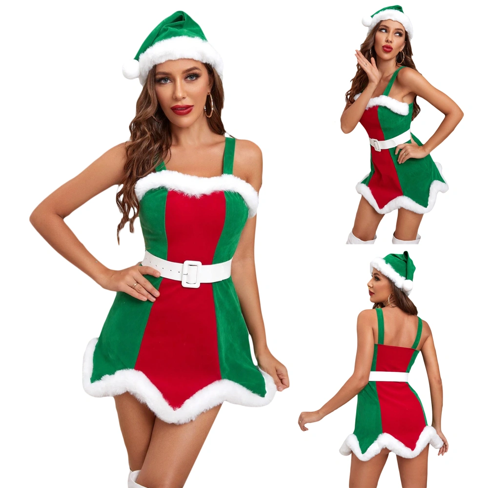 Women Christmas Costume, Sleeveless Furry Patchwork Contrast Color Belted Slip Dress with Hat Party Outfit