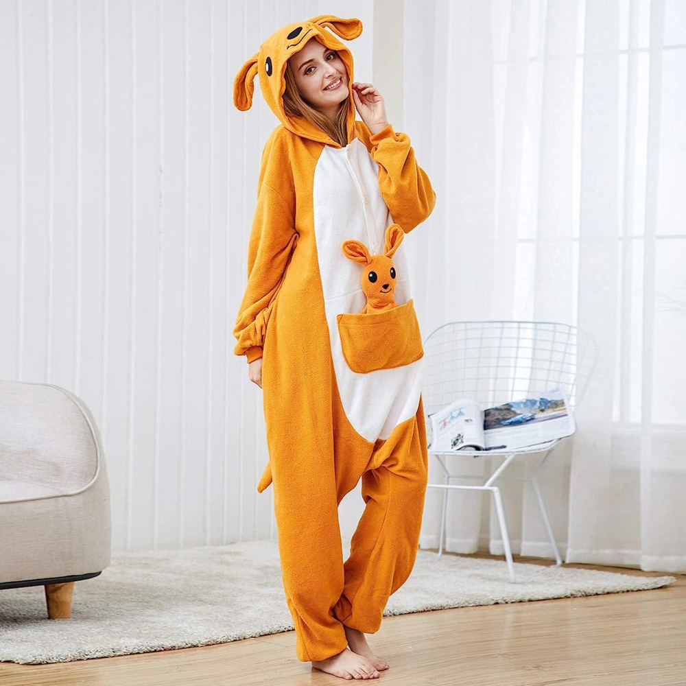 Adult Fuzzy Halloween Costume, Kangaroo Long Sleeved Hoodie Full Length Loose Jumpsuit with Tail