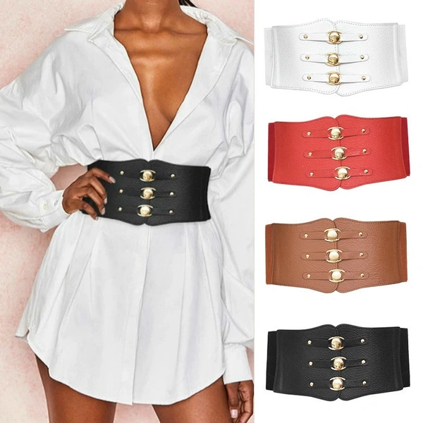 Women PU Leather Ladies Dress Belt Elastic Wide Waist Belt Female Waistband