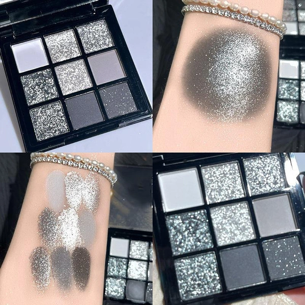 9 Colors Punk Smokey Matte Glitter Eyeshadow Palette Shimmer Eye Shadow Makeup Palette Cool Toned Gray Black Eye Pigment Palett