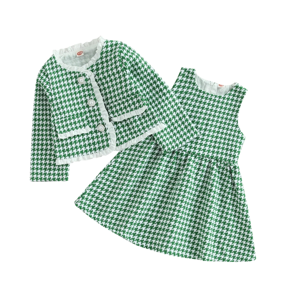 Kids Girl Fall Outfits Houndstooth Print Crew Neck Sleeveless Dress Long Sleeve Buttons Coat 2Pcs Princess Clothes Set