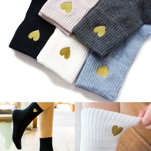 New Fashion Women Girls Socks Sweet Golden Love Heart Shape Embroider Cotton Socks