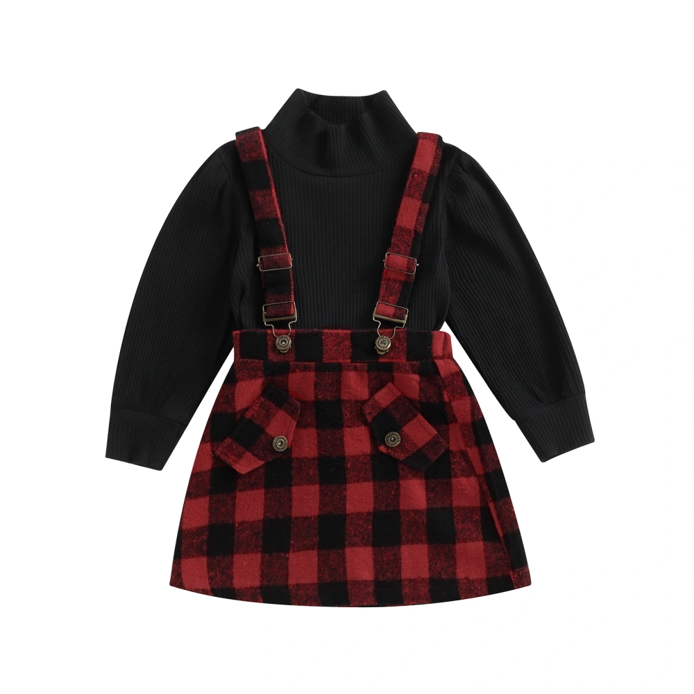 Toddler Girls Autumn 2 Piece Outfits Black Long Sleeve Tops and Plaid Suspender Skirt Sets