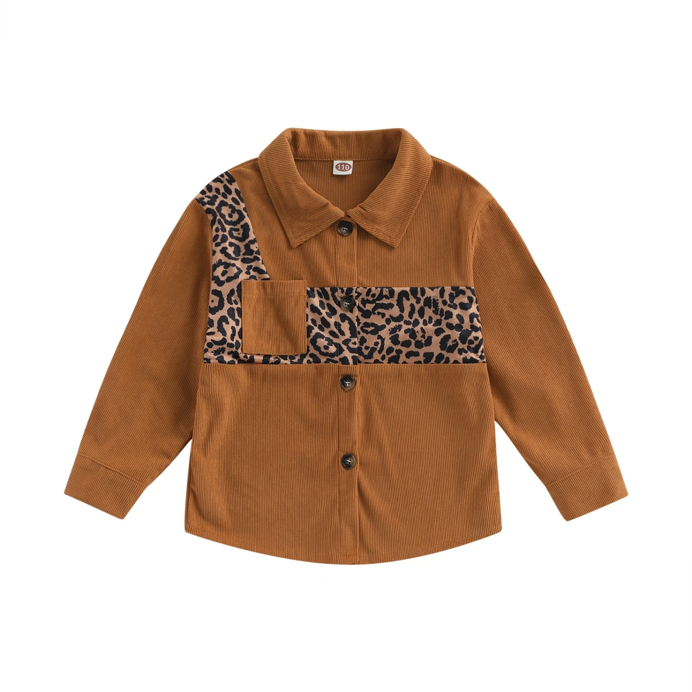 Kid Boy Long Sleeve Shirt Coat, Leopard Print Patchwork Lapel Button Closure Fall Spring Tops with Pockets