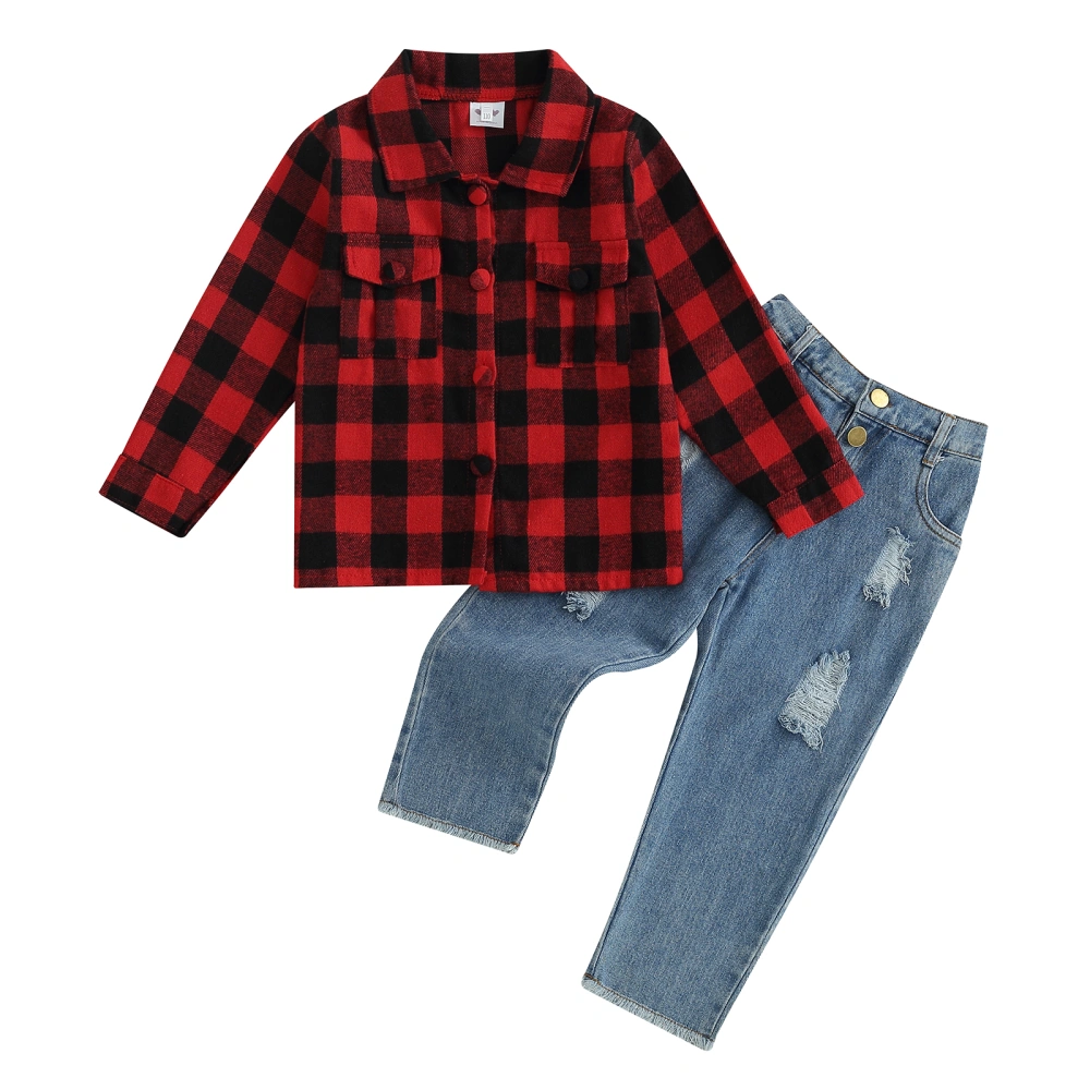Kid Boy Autumn Clothes Plaid Pattern Long Sleeve Button Closure Shirt Ripped Denim Pants 2Pcs Outfit