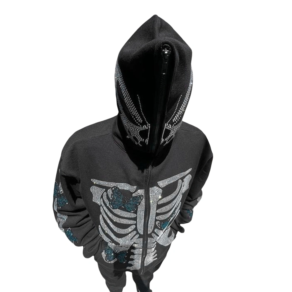 Women's Long Sleeve Hooded Coat, Halloween Butterfly Skeleton Pattern Full Zipper Closure Side Pockets Casual Outwear