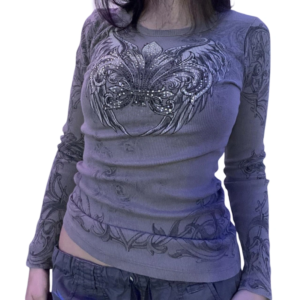 Women Gothic Tops Retro Wings Print Rhinestones Long Sleeve Shirt Casual Pullover for Fall Club Streetwear