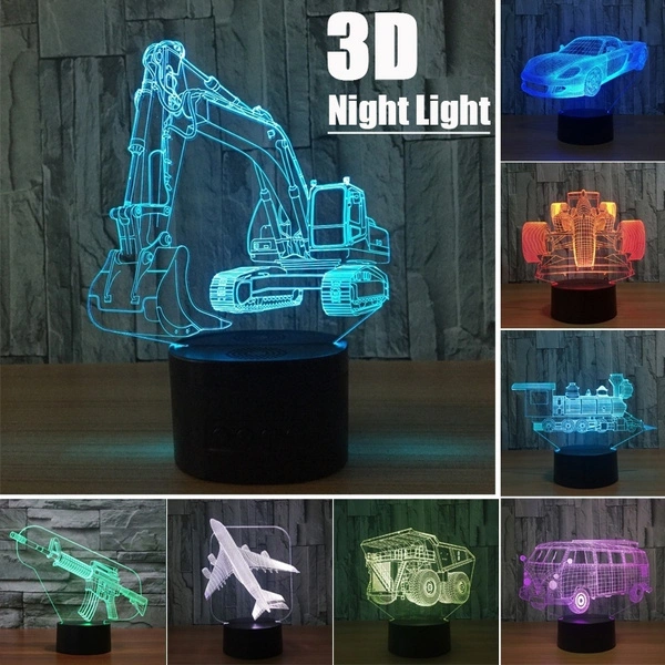 New Touch 3D Excavator Visual LED Night Light 7 Color Change Table Lamp Kids Boys Gift Home Decor with USB Cable