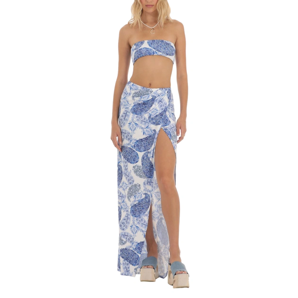 Women 2 Piece Summer Outfits Printed Strapless Tube Tops and Splits Long Skirt for Streetwear Aesthetic Clothes