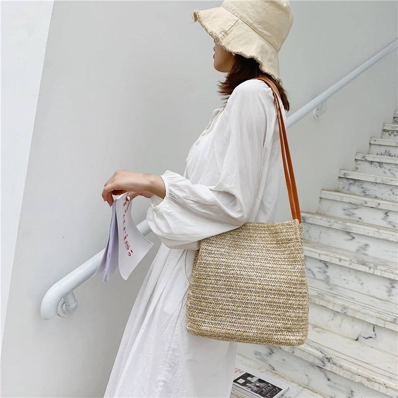 Vintage Bucket Straw Beach Bags Woven Shoulder Handbag Women Tote Bag