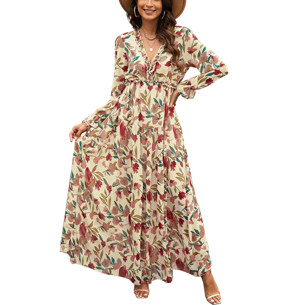 Women Long Dress, Long Sleeve Dress V Neck Frills Flower Print Loose Summer Swing Dress