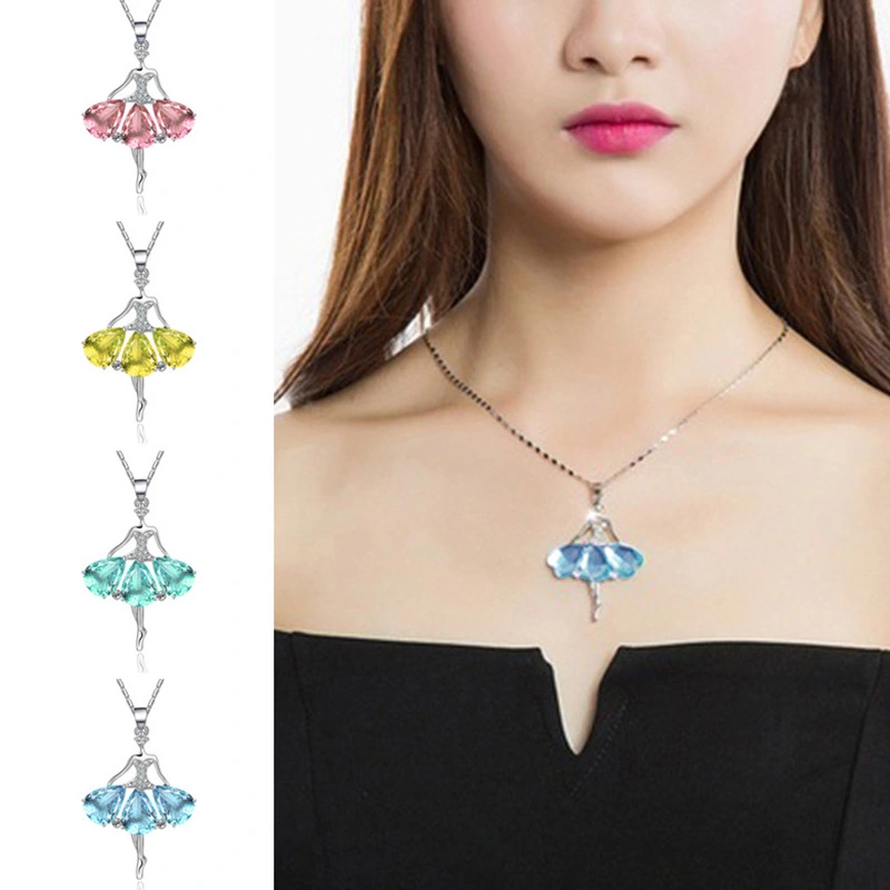 4 Colors Silver Lovely Cubic Zirconia Dancing Girl Pendant Necklace Fashion Jewelry Gifts for Women Girls