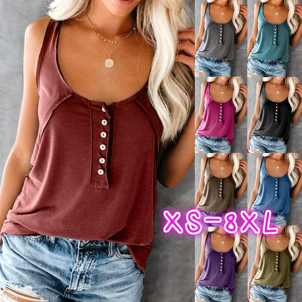 XS-8XL Plus Size Fashion Clothes Women's Casual Sleeveless Tee Shirts Solid Color Off Shoulder Tops Ladies Summer Tops Button Up Camisole Shirts Vest Loose Cotton Tank Tops