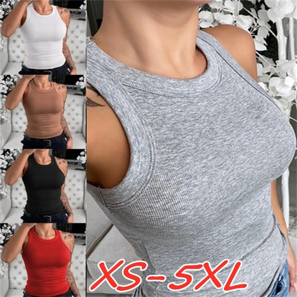 Women Summer Fashion Sleeveless Vest Solid Color Slim Fit Tank Top Bodycon Halter Top Cotton Basic Tee Shirt Casual Sport Wear Gym Fitness Workout T-Shirt Streetwear