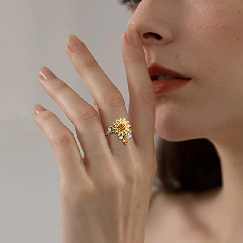 Creative Sunflower Rotating Ring Female Fashion Rhinestone Bee Ring Anti-Anxiety Ring Ins Adjustable Open Ins Party Ring