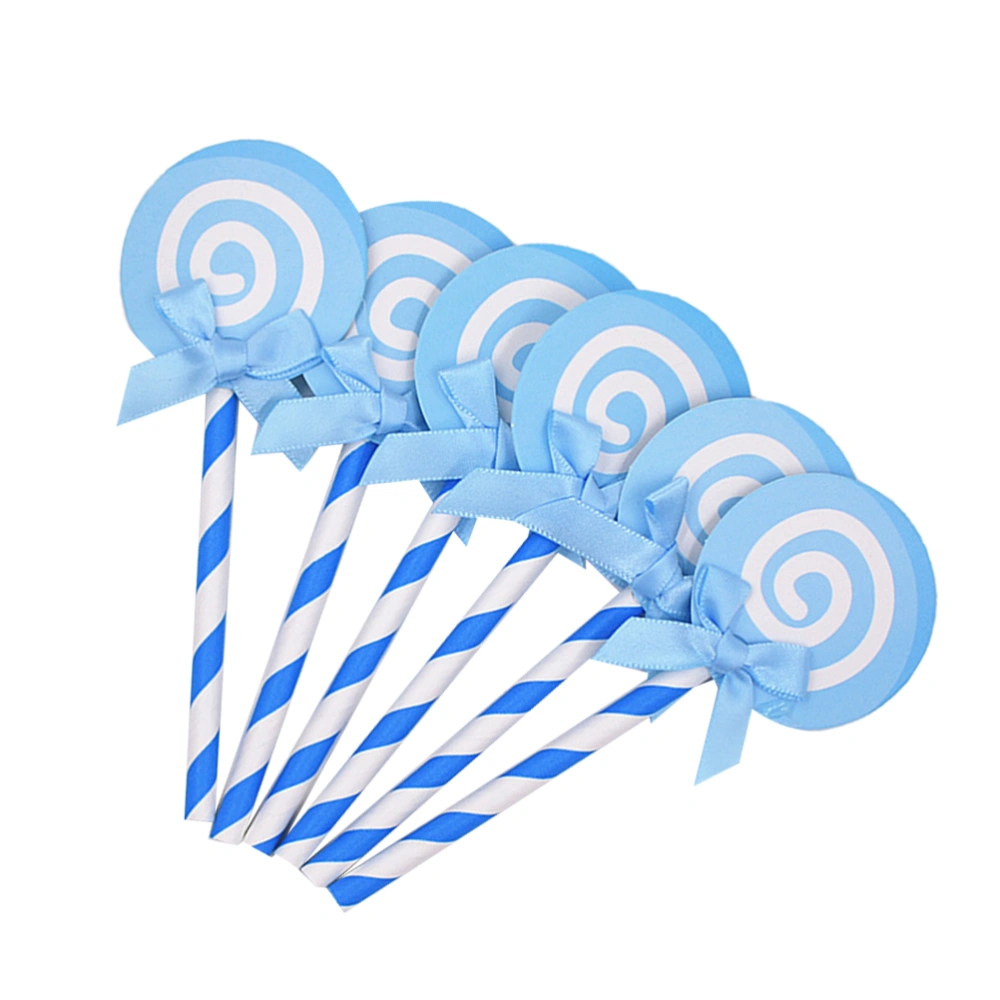 36PCS Lollipop Cupcake Picks Paper Birthday Cake Toppers Lovely Lollipop Bow Cake Decorations Dessert Table Decorative Supplies Creative Lollipop Cake Insert Blue