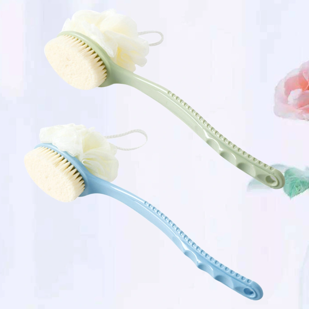 2pcs Two in One fur Shower Tools Long Handle Shower Brush and Bubble Ball Resuable Scrubbers Bath Flowers (Green and Blue Each 1 PC)