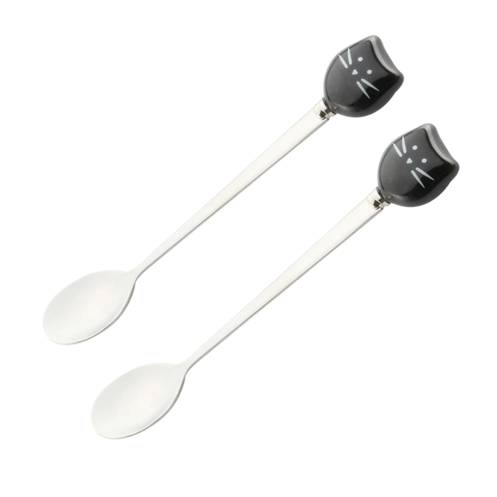 2 Pcs Ceramic and Stainless Steel Small Spoons Cartoon Kitty Coffee Milk Tea Stirring Spoon Black Kitty