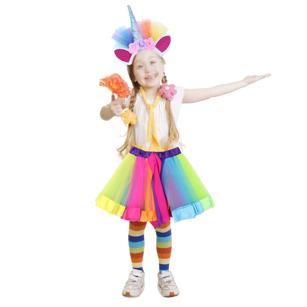 Girls Half Tutu Skirt Rainbow Dress Unicorn Headgear Set Summer Birthday for Girls - Size M (Rainbow Color)