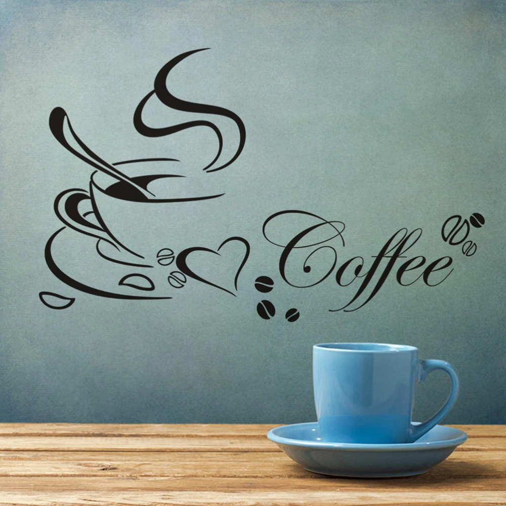 Coffee Cup Wall Sticker Vinyl Lettering Wall Decal Removable DIY Coffee Wallpaper Waterproof Wall Art Decor for Coffee Shop Bedroom Living Room Home - 58x30cm