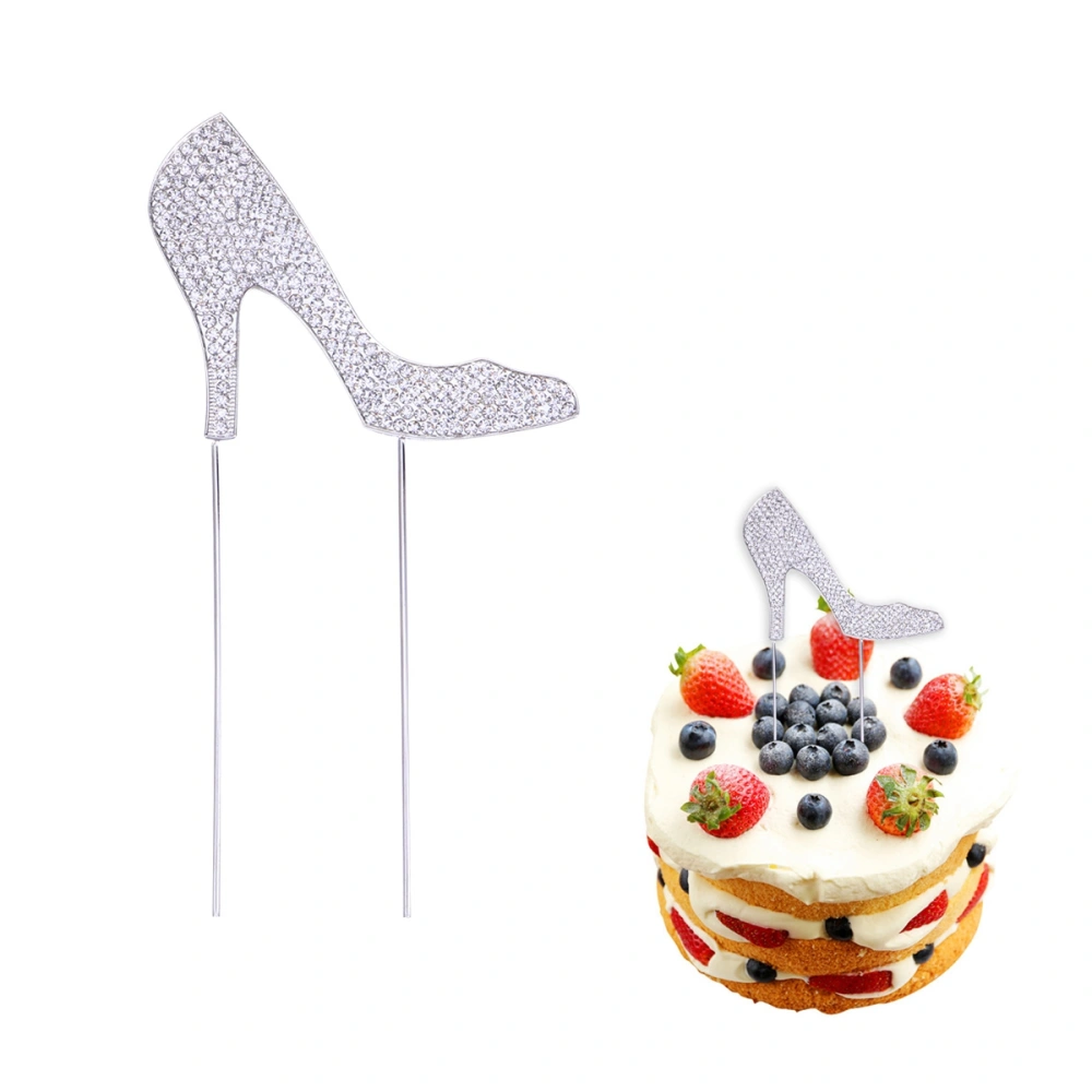 1pc High-heeled Shoes Cake Topper Glitter Alloy Rhinestone Birthday Party Cake Pick Food Decoration Supplies (Silver)