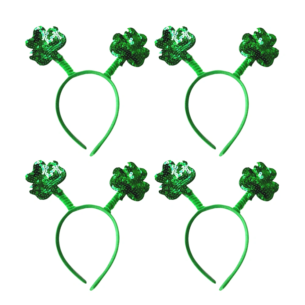 4pcs Sequins Hair Hoops Clover Headband Party Decoration Clover Headdress for Gift St. Patrick Day Party (Green)