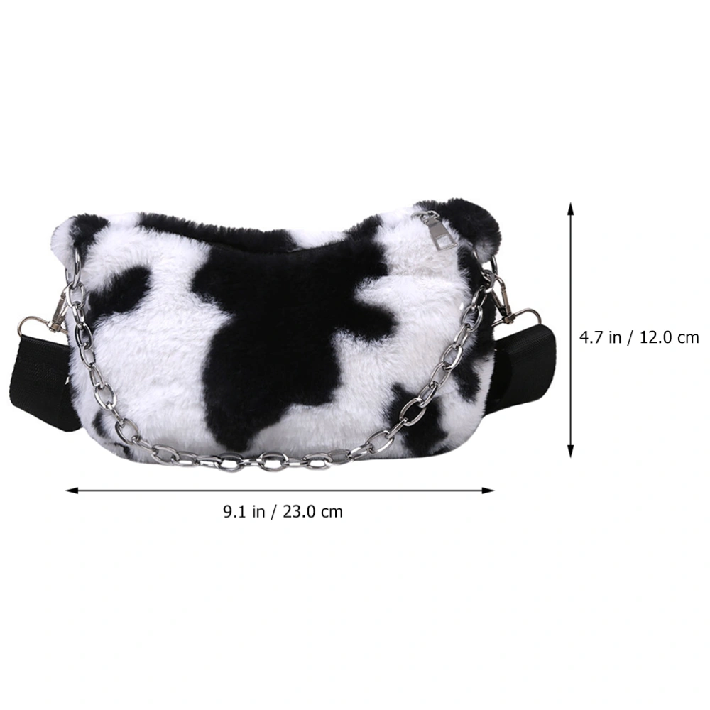 1pc Milk Cow Pattern Bag Women Plush Shoulder Bag Ladies Zipper Armpit Pouch