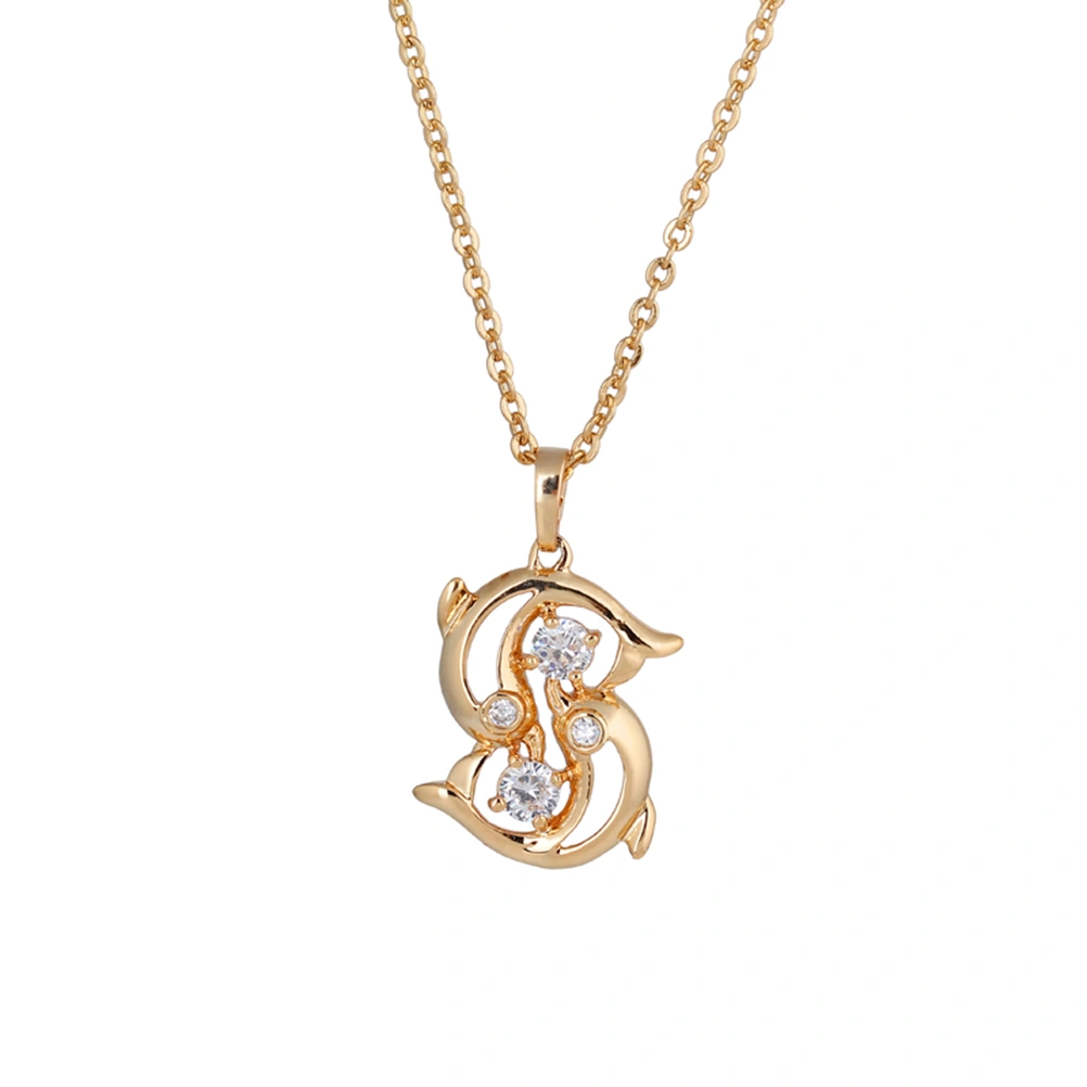 Women Necklace Micro-inclosed Double Dolphins Shape Zincons Pierced Delicate Hollow out Necklace (Golden)