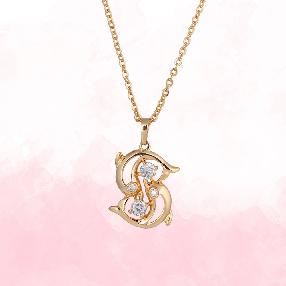 Women Necklace Micro-inclosed Double Dolphins Shape Zincons Pierced Delicate Hollow out Necklace (Golden)